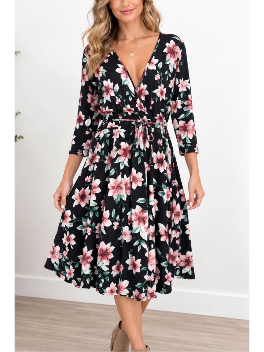 Always Indigo Faux Wrap Black Floral Print Dress